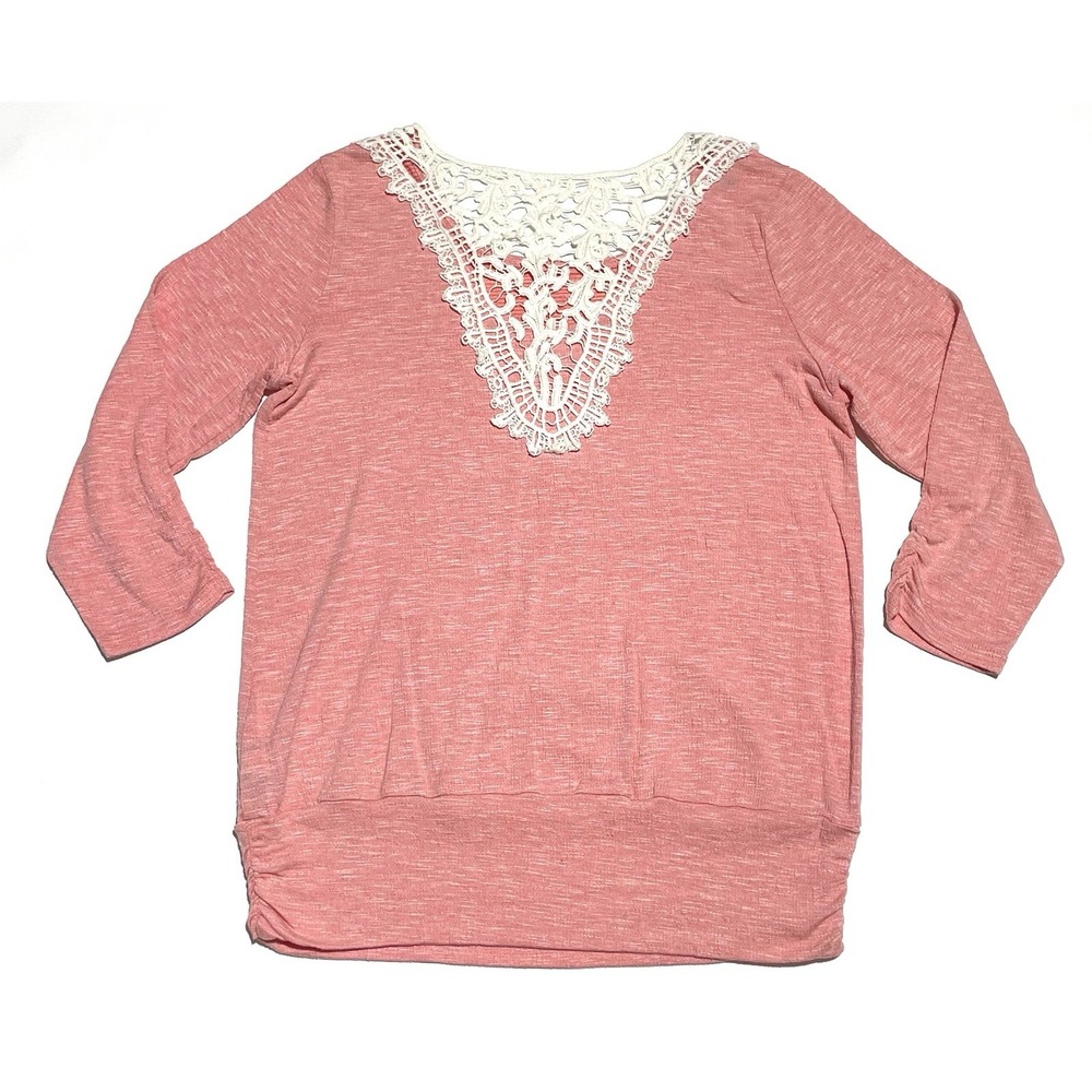 NEW Apt 9 Coral Pink Casual Top Women's Small White Crochet Knit Back 3/4 Sleeve - Picture 9 of 10